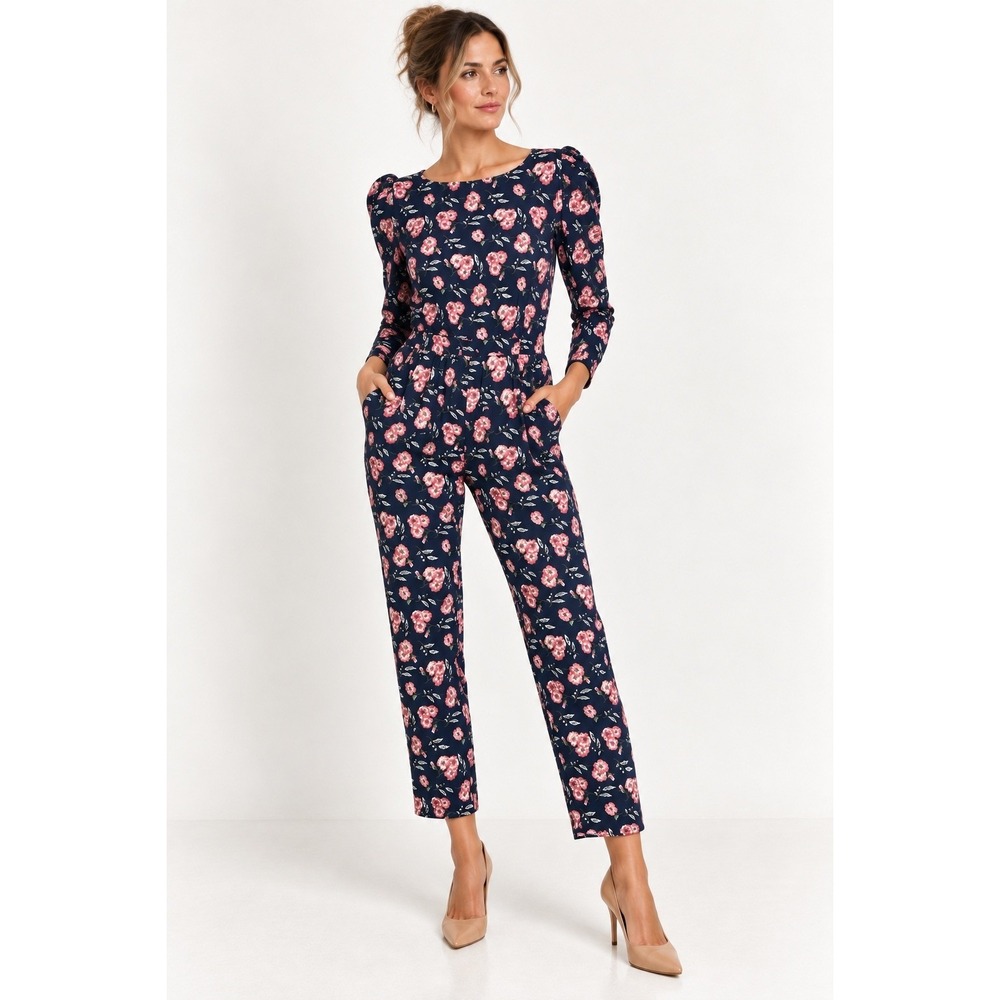 Rebecca Taylor La Vie Adelle Floral Jumpsuit Pocket Large Navy Pink Smocked